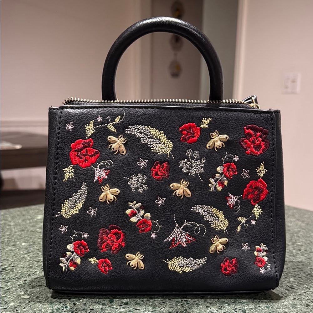 Call It Spring Black and Red Mini Bag with Floral Embroidery